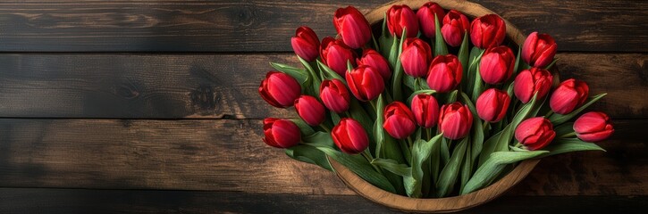 Fototapeta premium Red tulips on a wooden background, top view. Spring flowers for Mother's Day or Women's Day with copy space. Happy women's and woman's greeting holiday concept.