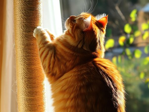 A fluffy orange cat is playfully reaching up to a sunlit window, highlighting its curious nature and the warmth of the afternoon light.