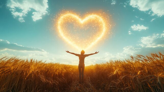 Woman with Sparkling Heart in Wheat Field Under Bright Sky