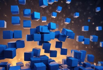 Abstract blue cubes scattered on a deep blue background, background, geometric, minimalist
