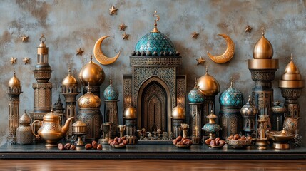 Obraz premium Festive Islamic architecture model with dates, crescent moons, and stars