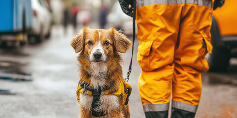 A vigilant dog wearing a bright rescue vest stands near emergency responders in orange suits, representing collaboration, preparedness, and life-saving efforts.