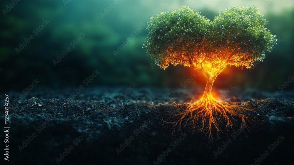 Poster glowing tree with heart shape in a dreamlike forest setting