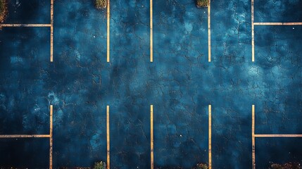 Aerial view of empty asphalt parking lot with faded yellow lines.