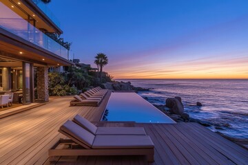 A wooden deck with plush loungers overlooking the ocean, a sunset sky with blue and purple hues, a tropical beach setting, and an outdoor private pool in the background.