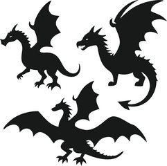 Three majestic dragon silhouettes set against a plain background