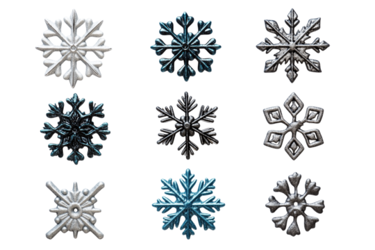 Set of different snowflakes isolated on PNG transparent background. Macro photo of real snow crystals. Generative AI	