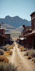 A desolate, old-west town with crumbling buildings and a dirt road