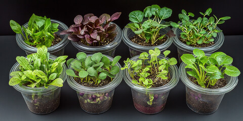 A collection of small plants in transparent cups filled with soil, displaying vibrant green leaves and an array of healthy textures, ideal for gardening and growth studies.