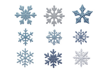 Set of different snowflakes isolated on PNG transparent background. Macro photo of real snow crystals. Generative AI	