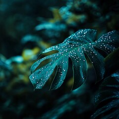 Close-up view of a vibrant green leaf covered in water droplets in a lush jungle setting during twilight