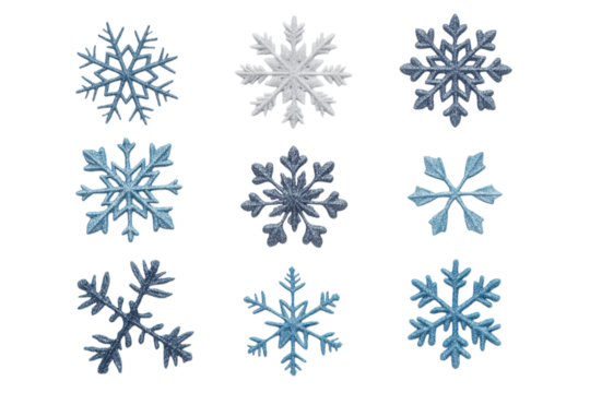 Set of different snowflakes isolated on PNG transparent background. Macro photo of real snow crystals. Generative AI	 - Powered by Adobe