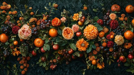 Autumn floral and fruit garland on dark backdrop