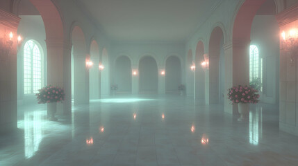Fototapeta premium Elegant Hallway, Marble Floor, Soft Light, Floral Decor, Luxury Interior