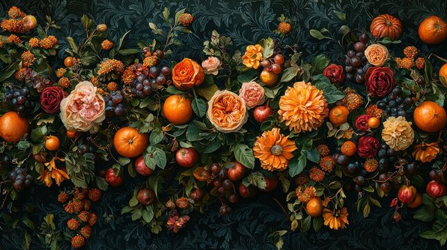Autumn floral and fruit garland on dark backdrop