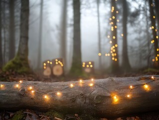 Enchanted Forest Gathering Concept. A serene, foggy forest scene adorned with warm fairy lights illuminating the trees and logs, creating a magical atmosphere.