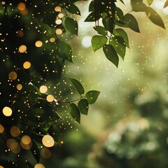 Soft golden lights shimmer through lush green leaves in a serene outdoor setting