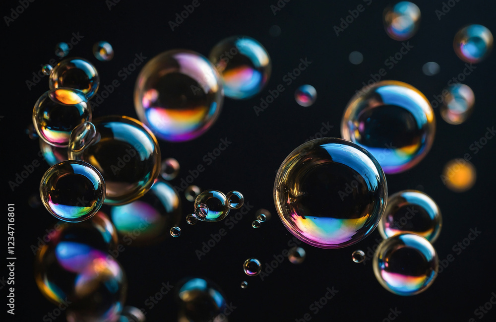 Poster surreal floating bubbles reflecting prismatic light against a dark background