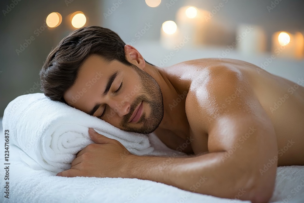 Poster man enjoying a relaxing massage in a tranquil spa environment with soft candlelight in the backgroun