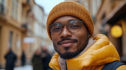 Fototapeta premium A cheerful individual wearing a beanie and jacket strolls happily in the city