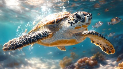 Fototapeta premium Sea turtle swimming coral reef ocean underwater wildlife