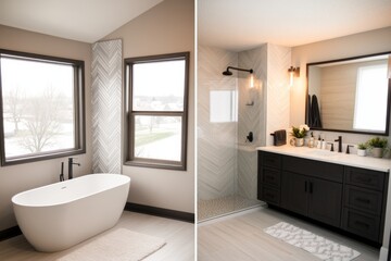A before-and-after image of a small bathroom, showcasing the dramatic transformation with modern tiles and fixtures