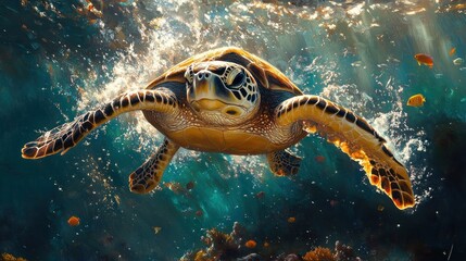 Fototapeta premium Sea turtle swimming underwater, coral reef background, ocean wildlife