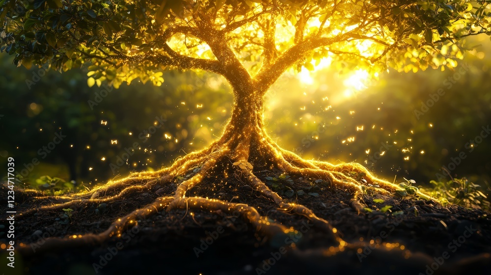 Poster enchanted tree with glowing roots and sparkling light in nature