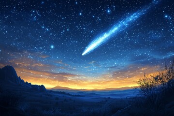 Stunning twilight sky with a shooting star over distant mountains and a tranquil landscape