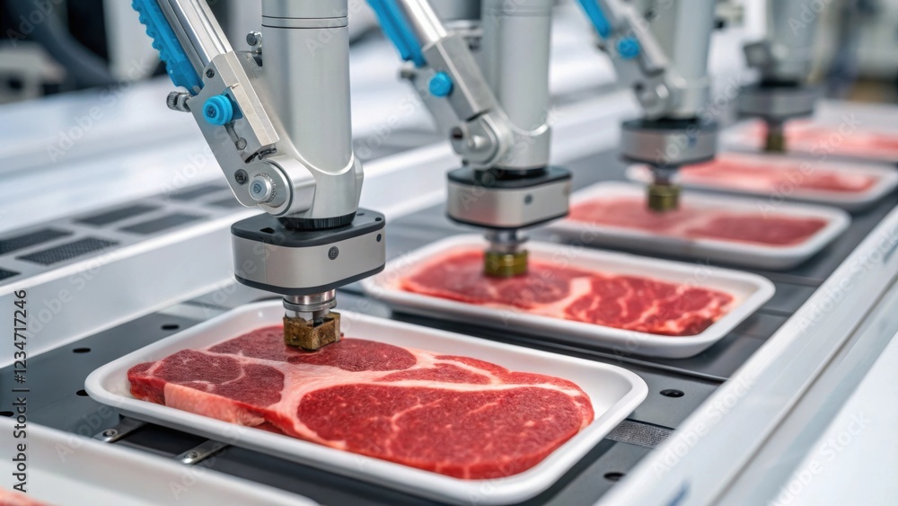 Poster smart robotic arms processing fresh meat on a production line in a food processing plant, emphasizin