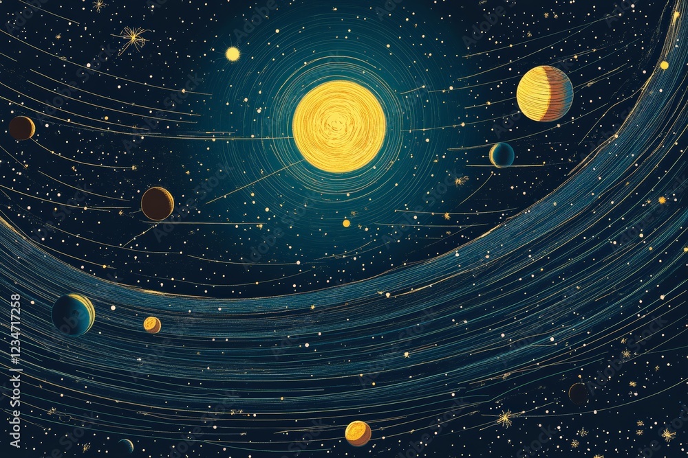 Poster Visual representation of a solar system with a bright sun and various planets in motion
