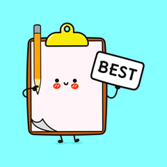 Cheerful Clipboard Character with Best Sign and Pencil on Vibrant Blue Background