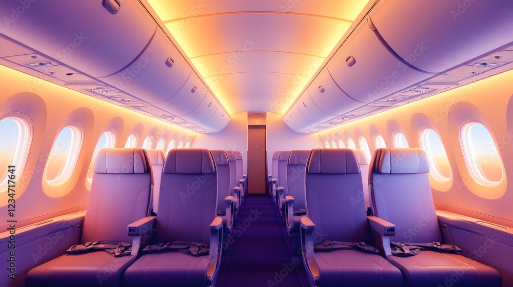 Aufkleber Rows of empty comfortable business class seats inside an airplane cabin are bathed in the warm glow of sunset, creating a peaceful and inviting atmosphere for passengers preparing for a long flight