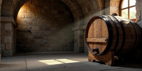Aged Wooden Barrel in Stone Cellar with Sunlight Streaming Through Window