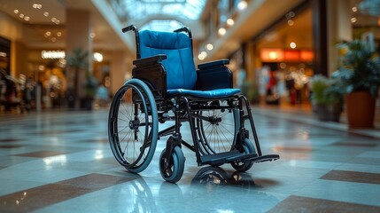 Obraz premium A solitary wheelchair rests on the polished floor in a vibrant mall