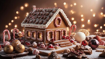 An intricately decorated gingerbread house surrounded by festive treats, including candy canes, sugar cookies, and chocolate ornaments. Christmas lights sparkle in the background.