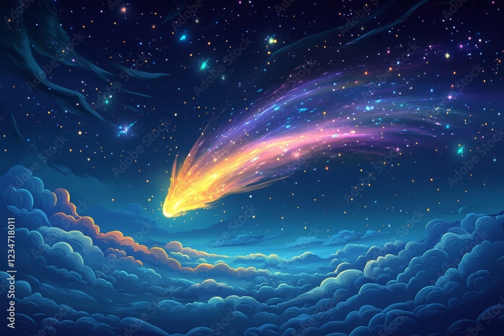 Aufkleber colorful comet streaks through a starry night sky above soft clouds illuminated by celestial light