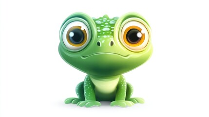 Obraz premium Cute green cartoon frog sitting, white background, children's book illustration