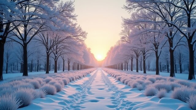 A serene winter landscape with snow-covered trees and a peaceful atmosphere