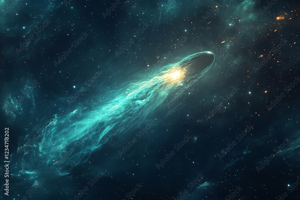 Poster comet streaking through the cosmos with vibrant trails in a deep space background at night
