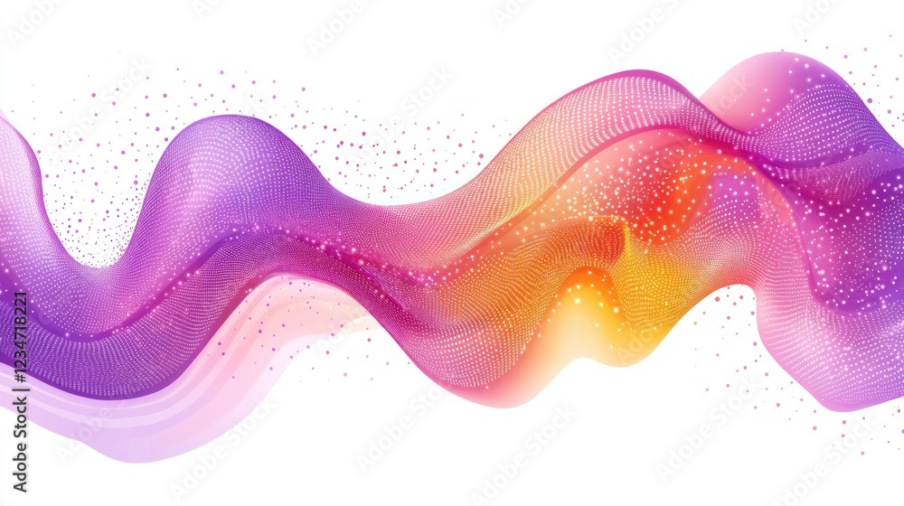 Poster abstract flowing wave form with pink and orange gradient and sparkles on a white background for desi