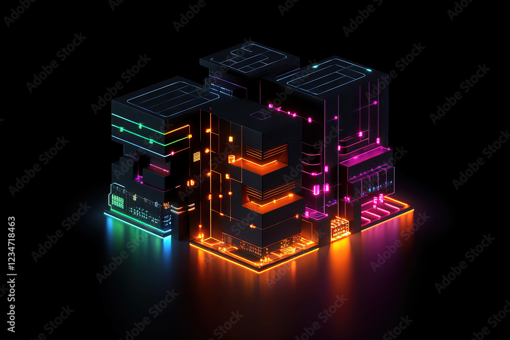 Poster 3D business graph with organized bars and information blocks. Abstract infographic element. Business growth and development to success concepts