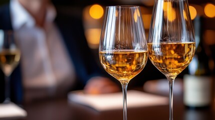 Obraz premium Elegant Glasses of White Wine on a Table with Blurred Background
