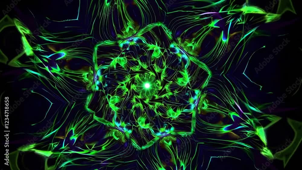 Poster green fractal mandala pattern with glowing abstract design, symmetrical digital art concept