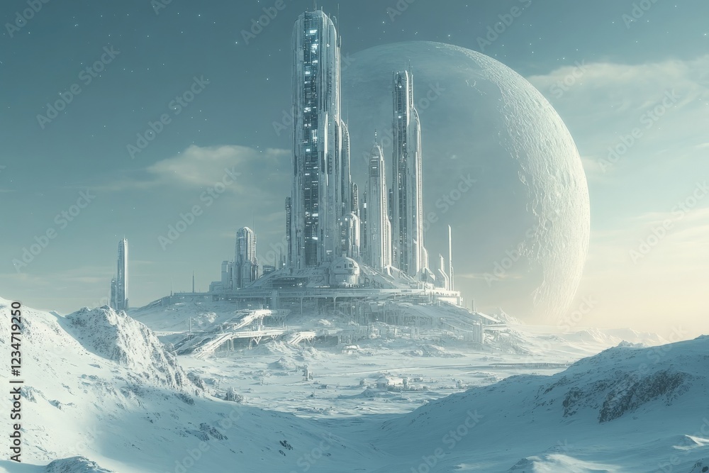 Poster Futuristic cityscape on a snowy planet with towering skyscrapers and a large moon in the background