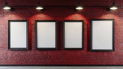 An industrial-style loft with four wall frame mockups of varying sizes displayed on a red brick wall, illuminated by bold, dramatic spotlights.