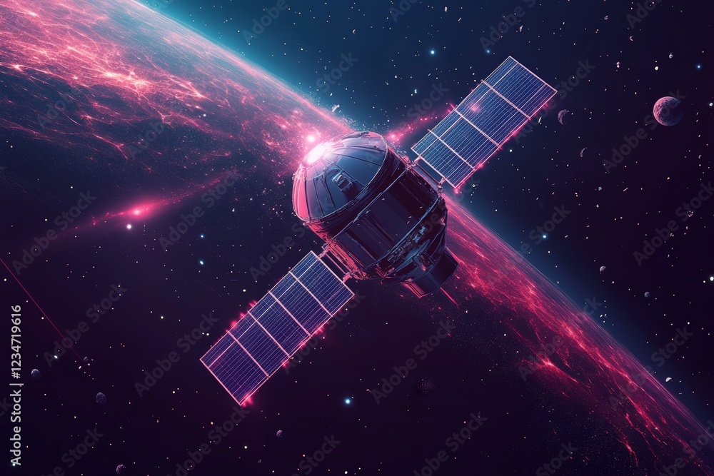 Poster satellite orbits vibrant planet with cosmic background and distant celestial bodies in deep space