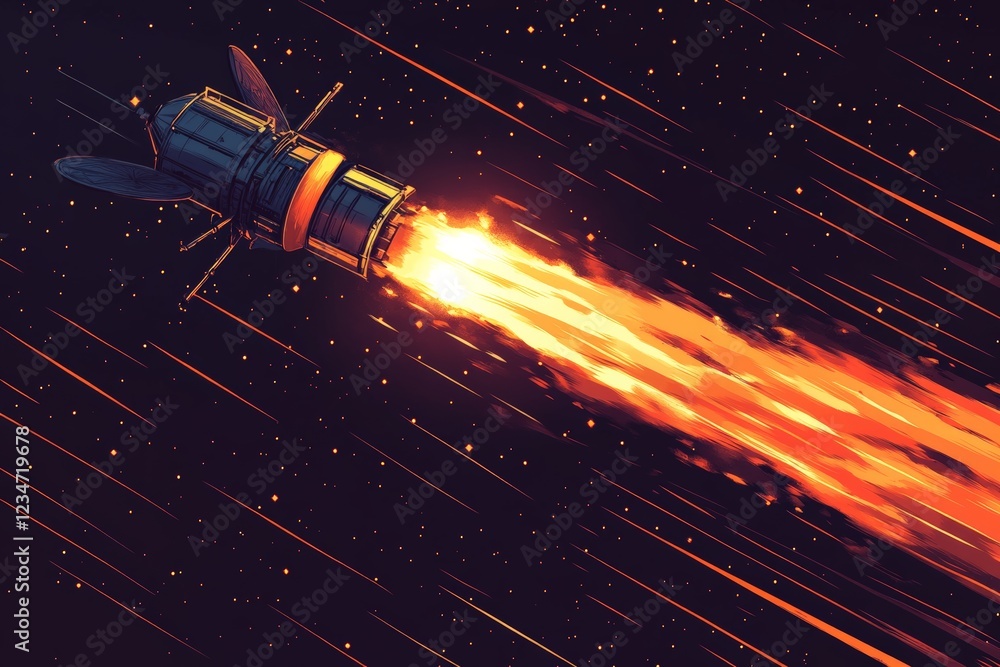 Poster Rocket engine emits intense flames while traveling through deep space with distant stars in the background
