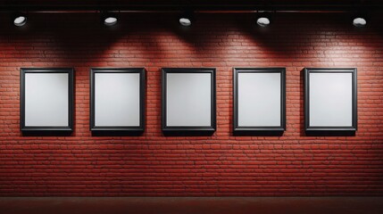 An industrial-style loft with four wall frame mockups of varying sizes displayed on a red brick wall, illuminated by bold, dramatic spotlights.