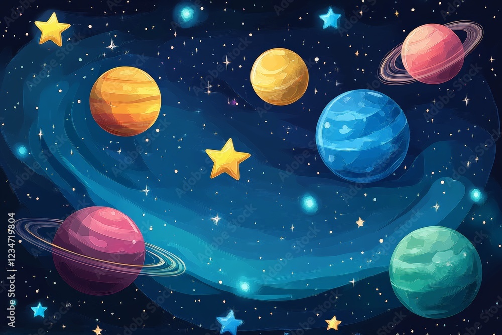 Poster colorful cartoon representation of planets and stars in a galaxy setting with a dark starry backgrou